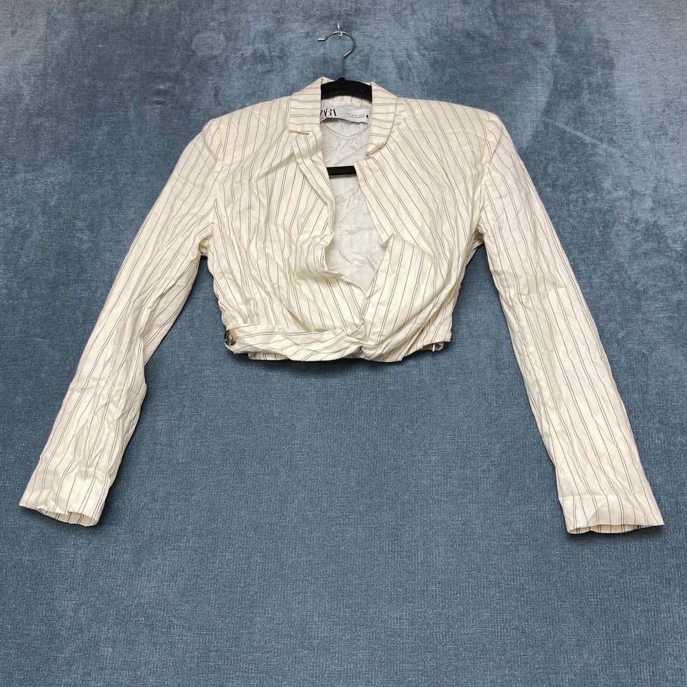 Zara Blazer Jacket Womens S White Black Striped Crop Single Breasted Long Sleeve